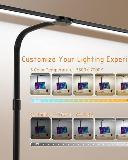 LED Desk Lamp for Home Office- 24W Double Head Desk Light with clamp, 5 Lighting Modes, 11 Brightness Levels, Adjustable Gooseneck Lamp with Timer- Black - LeafyLoom