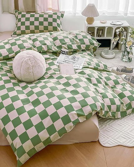 Green White Grid Comforter Set Twin Sage Green Plaid Bedding Set Girls Light Green White Checkered Bed Comforter Set Breathable Blanket Set Kids Durable Bedding Comforter Set - LeafyLoom
