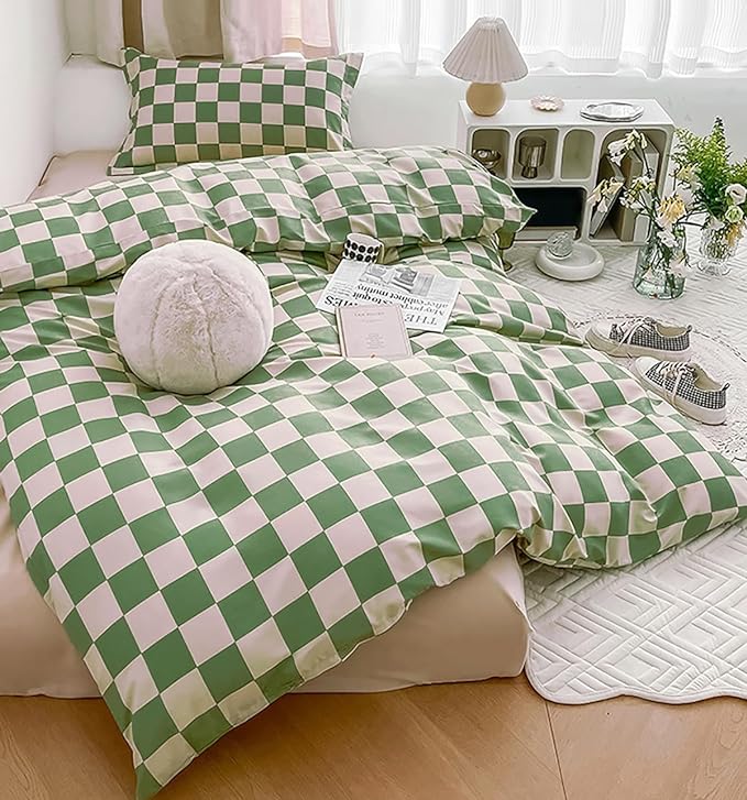 Green Checkered Comforter Queen Sage Green Grid Bedding Set Women Light Green White Plaid Bed Comforter Set Queen Size Breathable Blanket Set Men Durable Queen Bedding Comforter Set - LeafyLoom