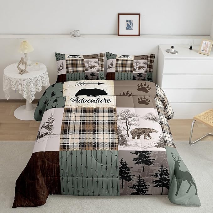 Rustic Farmhouse Kids Comforter Set King Size,Deer Antlers Bear Paws Plaids Patchwork Bedding Set for Boys Girls Adults Room Decor,Pine Trees Arrows Down Comforter,Xmas Duvet Insert,2 Pillowcases - LeafyLoom