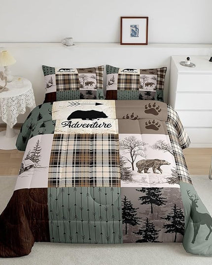 Rustic Farmhouse Kids Comforter Set Full Size,Deer Antlers Bear Paws Plaids Patchwork Bedding Set for Boys Girls Adults Room Decor,Pine Trees Arrows Down Comforter,Xmas Duvet Insert,2 Pillowcases - LeafyLoom
