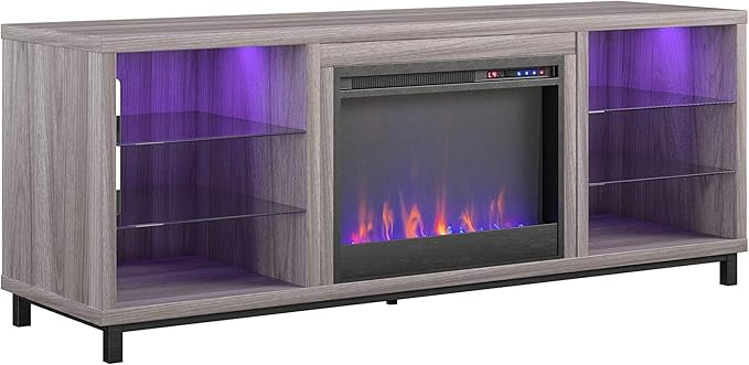 Ameriwood Home Lumina Fireplace TV Stand for TVs up to 70 Inch, Replaceable Electric Fireplace Insert Heater, Remote Control, Timer, Color Changing LED Lights, Crystal Ember Flames, Light Walnut - LeafyLoom