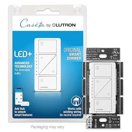 Lutron Caseta Smart Lighting Original Dimmer Switch (Lutron Smart Hub Required), for Light Bulbs, 150 Watt, Single-Pole/3-Way, No Neutral Required, PD-6WCL-WH, White Lutron