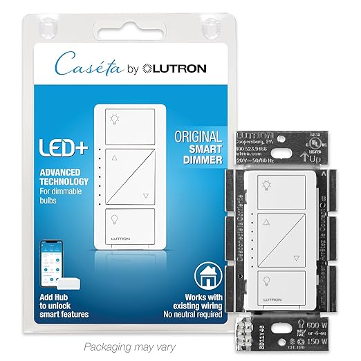 Lutron Caseta Smart Lighting Original Dimmer Switch (Lutron Smart Hub Required), for Light Bulbs, 150 Watt, Single-Pole/3-Way, No Neutral Required, PD-6WCL-WH, White Lutron