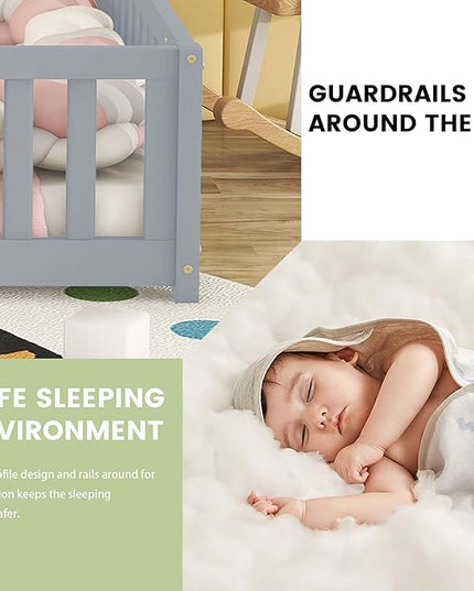 Multifunctional Full Size Floor Bed with Safety Guardrails and Door, Removable Wood Slats, Montessori Beds Frame for Toddlers, for Boys and Girls, Gray - LeafyLoom