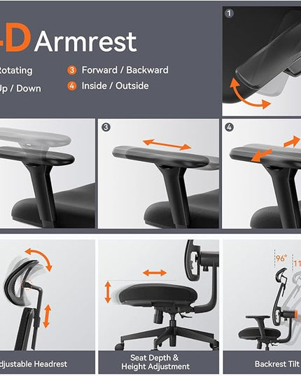 Newtral Ergonomic Home Office Chair, High Back Desk Chair with Unique Adaptive Lumbar Support, Adjustable Headrest, Seat Depth Adjustment, 96°-126° Tilt Function, 4D Armrest Recliner - LeafyLoom
