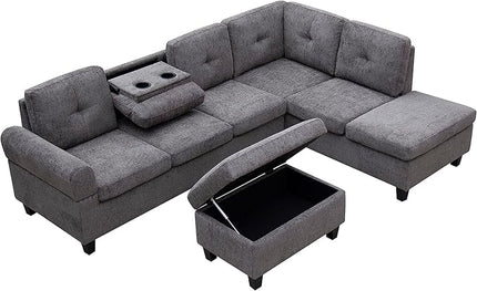 Sectional Couch L Shaped Sofa with Storage Ottoman, Chaise, Living Room Furniture Sets with Cup Holders, Modular Conner Sofa&Couch, Grey Mordern - LeafyLoom