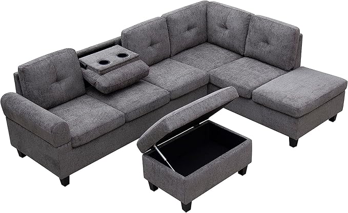 Sectional Couch L Shaped Sofa with Storage Ottoman, Chaise, Living Room Furniture Sets with Cup Holders, Modular Conner Sofa&Couch, Grey Mordern - LeafyLoom