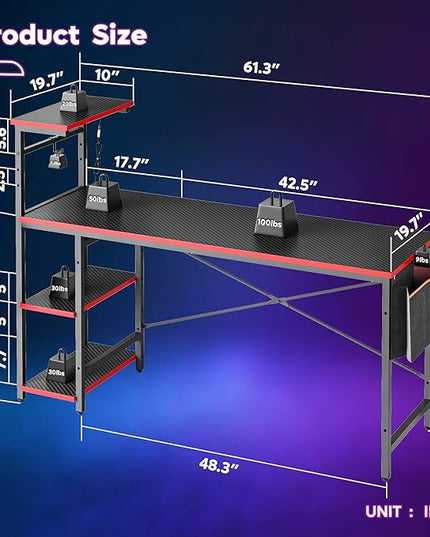 Bestier 61 Inch Gaming Desk with LED Lights, Reversible Shelves, Height Adjustable Shelf, Steel Frame, CARB P2 Class Board, Black Grained - LeafyLoom