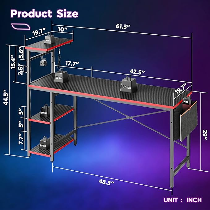 Bestier 61 Inch Gaming Desk with LED Lights, Reversible Shelves, Height Adjustable Shelf, Steel Frame, CARB P2 Class Board, Black Grained - LeafyLoom