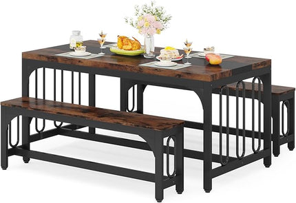 Tribesigns 55 Inch Dining Table Set for 4-6, 3-Piece Kitchen Table with 2 Benches, Space-Saving Dining Room Table Set for Home Kitchen, Restaurant, Rustic Brown - LeafyLoom