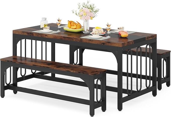 Tribesigns 55 Inch Dining Table Set for 4-6, 3-Piece Kitchen Table with 2 Benches, Space-Saving Dining Room Table Set for Home Kitchen, Restaurant, Rustic Brown - LeafyLoom