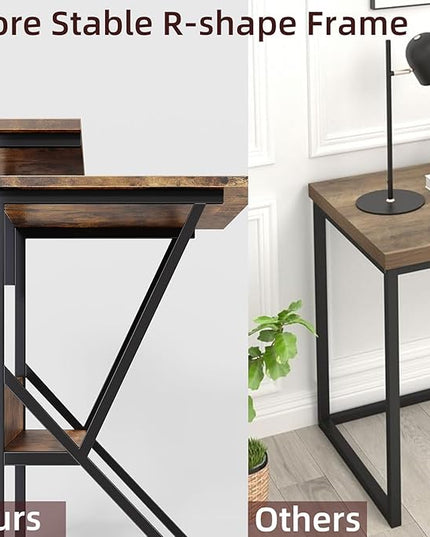 COTUBLR Small Desk, 27.5 Inch Small Computer Desk for Small Spaces, Computer Desk with Adjustable Monitor Stand, Compact Desk with Storage, Tiny Desk Study Desk for Bedroom Home Office, Rustic Brown - LeafyLoom