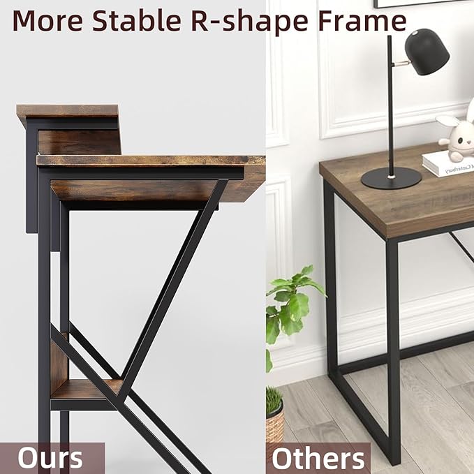 COTUBLR Small Desk, 27.5 Inch Small Computer Desk for Small Spaces, Computer Desk with Adjustable Monitor Stand, Compact Desk with Storage, Tiny Desk Study Desk for Bedroom Home Office, Rustic Brown - LeafyLoom