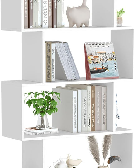 Yusong Bookshelf 5-Tier, Geometric Bookcase S Shaped Book Shelves for Bedroom, Modern Wood Decorative Display Shelf Book Case for Home Office, White - LeafyLoom