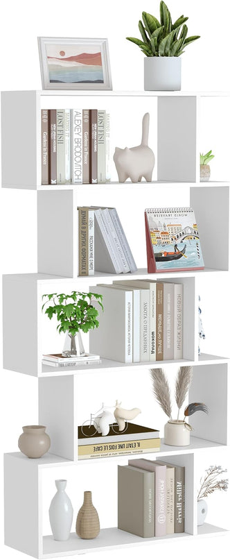 Yusong Bookshelf 5-Tier, Geometric Bookcase S Shaped Book Shelves for Bedroom, Modern Wood Decorative Display Shelf Book Case for Home Office, White - LeafyLoom