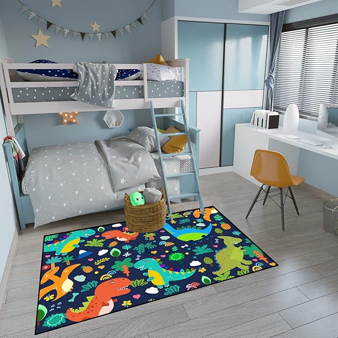 Dinosaur Rugs for Boys Bedroom Cute Dinosaur Area Rug and Leaves Print Dinosaur Rug Kids Rug Play Rug Dinosaur Carpets Cartoon Rug for Playroom Classroom,Blue 4'5''×6' - LeafyLoom