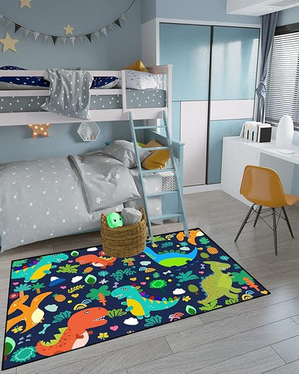 Dinosaur Rugs for Boys Bedroom Cute Dinosaur Area Rug and Leaves Print Dinosaur Rug Kids Rug Play Rug Dinosaur Carpets Cartoon Rug for Playroom Classroom,Blue 3'×5' - LeafyLoom