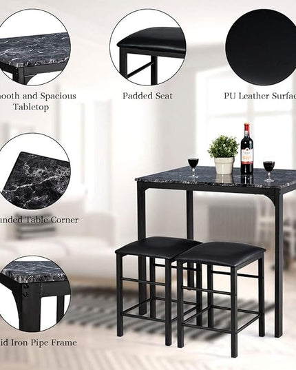 ARLIME 3-Piece Dining Table Set, 2 Chairs and 1 Table with Faux Marble Tabletop, Indoor Modern Dining Table Furniture Set with Metal Frame, for Kitchen, Dining Room, Bar (Black) - LeafyLoom