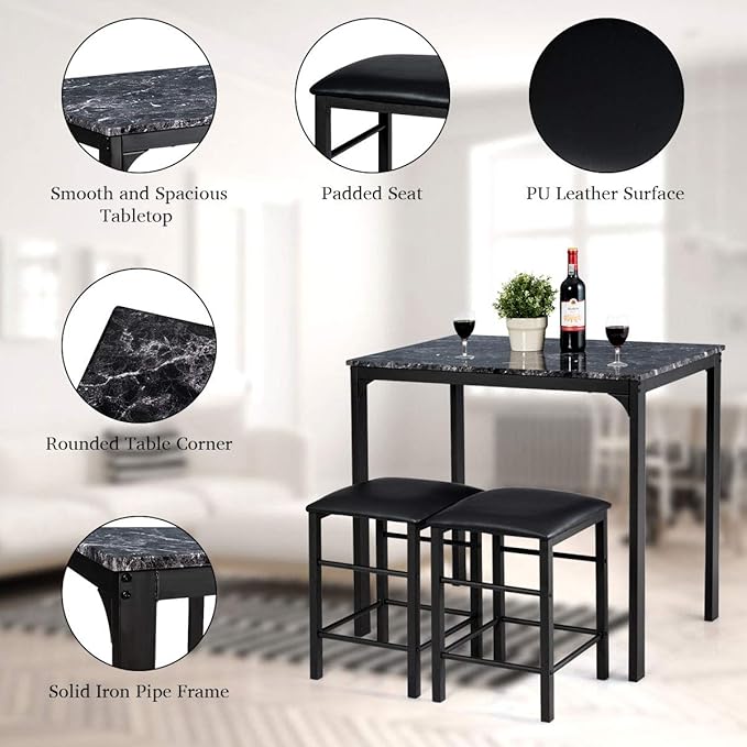 ARLIME 3-Piece Dining Table Set, 2 Chairs and 1 Table with Faux Marble Tabletop, Indoor Modern Dining Table Furniture Set with Metal Frame, for Kitchen, Dining Room, Bar (Black) - LeafyLoom