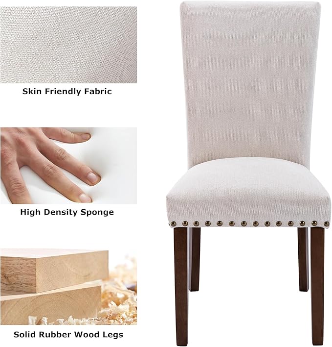 COLAMY Upholstered Parsons Dining Chairs Set of 4, Fabric Dining Room Kitchen Side Chair with Nailhead Trim and Wood Legs - Beige - LeafyLoom