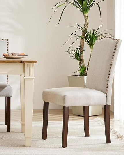 MCQ Upholstered Dining Chairs Set of 6, Modern Upholstered Fabric Dining Room Chair with Nailhead Trim and Wood Legs, Mid-Century Accent Dinner Chair for Living Room, Kitchen, Beige - LeafyLoom
