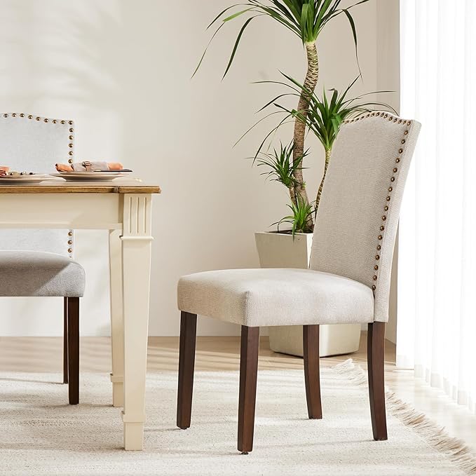 MCQ Upholstered Dining Chairs Set of 6, Modern Upholstered Fabric Dining Room Chair with Nailhead Trim and Wood Legs, Mid-Century Accent Dinner Chair for Living Room, Kitchen, Beige - LeafyLoom