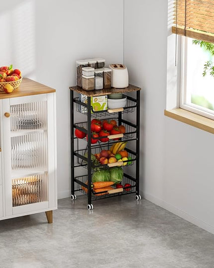 Pull-Out Kitchen Storage Cart 5 Tier Kitchen Fruit Cart on Wheels,Fruit Basket for Kitchen,Bedroom Kitchen Organizer and Storage Rack, Potato Onion Vegetable Storage (Black) - LeafyLoom