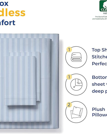 THREAD SPREAD Luxury Egyptian Cotton Queen Stripe Sheet Set, 600 Thread Count Extra Long Staple 4 PC Set, Queen Damask Sheets, Soft, Cooling Sateen Weave Sheets Upto 18" Deep Pocket - Light Blue - LeafyLoom