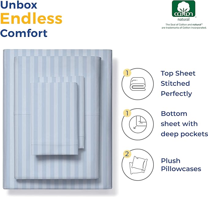 THREAD SPREAD Luxury Egyptian Cotton Queen Stripe Sheet Set, 600 Thread Count Extra Long Staple 4 PC Set, Queen Damask Sheets, Soft, Cooling Sateen Weave Sheets Upto 18" Deep Pocket - Light Blue - LeafyLoom