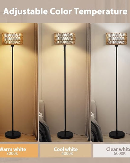Rattan Floor Lamp for Living Room, Boho Standing Lamp with 3 Color Temperatures, Farmhouse Floor Lamp Wicker Lamp Double Shades, Bohemian Floor Lamps for Bedroom, Office(Black) - LeafyLoom
