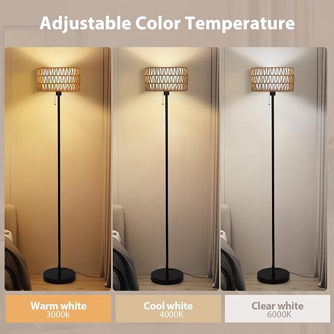 Rattan Floor Lamp for Living Room, Boho Standing Lamp with 3 Color Temperatures, Farmhouse Floor Lamp Wicker Lamp Double Shades, Bohemian Floor Lamps for Bedroom, Office(Black) - LeafyLoom
