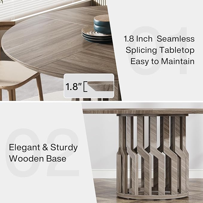 Round Dining Table for 4-6 People, 47-Inch Gray Dining Room Table, All-Wood Design Circle Kitchen Table with Strong Pedestal Base, Modern Dinner Table for Dining Room - LeafyLoom