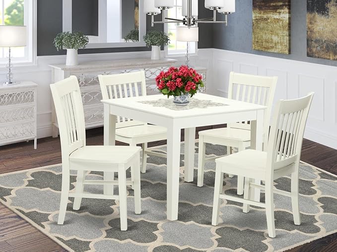 East West Furniture Oxford 5 Piece Set includes a Square Dinner Table and 4 Kitchen Dining Chairs, 36x36 Inch, OXNO5-LWH-W - LeafyLoom