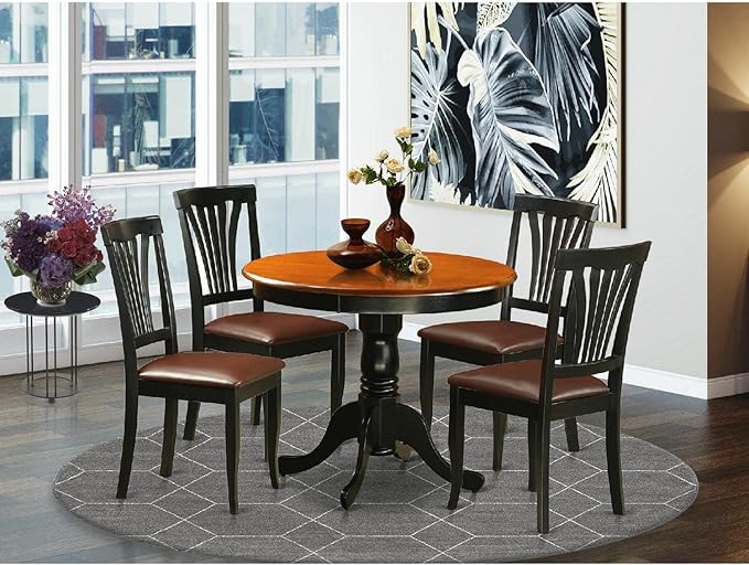 East West Furniture ANAV5-BLK-LC 5 Piece Dinette Set for 4 Includes a Round Kitchen Table with Pedestal and 4 Faux Leather Dining Room Chairs, 36x36 Inch - LeafyLoom