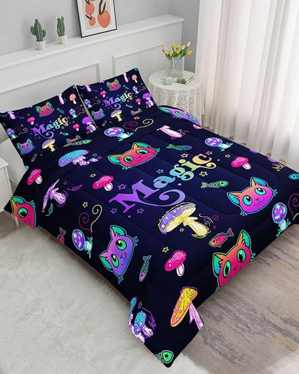 Datura home Mushroom Cat Kids Comforter Bedding Set for Boys Girls, Cartoon Mixed Color Mushroom and Cute Cat Fishbone Pattern Comforter with 2 Pillowcases(Mushroom Cat Full) - LeafyLoom