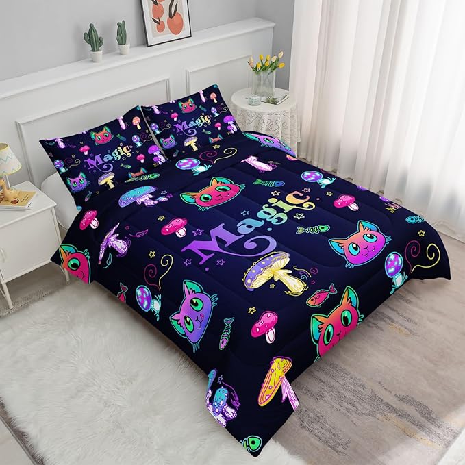 Datura home Mushroom Cat Kids Comforter Bedding Set for Boys Girls, Cartoon Mixed Color Mushroom and Cute Cat Fishbone Pattern Comforter with 2 Pillowcases(Mushroom Cat Full) - LeafyLoom