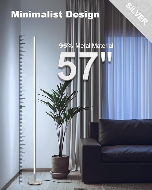 TACAHE Minimalist Corner Floor Lamp - 2700K-6500K Dimmable LED Night Light - Modern Standing Mood Lamp with Remote Control for Living Room, Bedroom - 57" 12W - Silver - 1Pack - LeafyLoom
