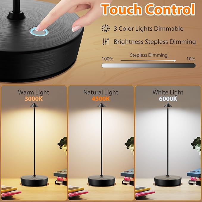 Cordless Table Lamp Rechargeable-Protable 6000mAh Battery Operated Outdoor Waterproof Table Light-Dimmable LED Touch Desk Lamps for Patio Dining Restaurant Home Living Room Set of 2 Black - LeafyLoom
