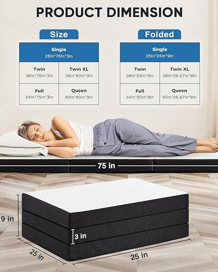 OLIXIS Tri-fold Memory Foam Mattress - 3 Inch Single Size Portable Floor Bed, Foldable Mat for Kids and Adults, Collapsible and Washable Cover with CertiPUR-US Certified, for Travel & Camping & Yoga - LeafyLoom