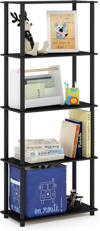 Furinno Turn-N-Tube 5-Tier Multipurpose Shelf / Display Rack / Storage Shelf / Bookshelf, Round Tubes, Americano/Black - LeafyLoom