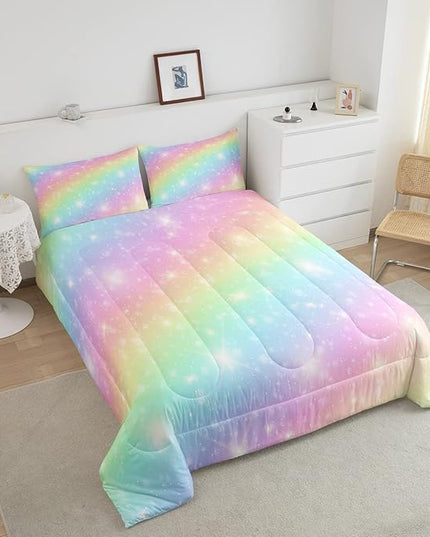 Erosebridal Rainbow Bedding Set for Kids Girls Teens Women Tie Dye Pastel Comforter Set King Size Golden Stars Glitter Bedding Comforter Set Watercolor Art Girly Quilt Set Sweet Bedroom Decor 3 Piece - LeafyLoom