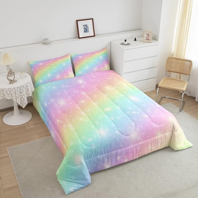 Erosebridal Rainbow Bedding Set for Kids Girls Teens Women Tie Dye Pastel Comforter Set King Size Golden Stars Glitter Bedding Comforter Set Watercolor Art Girly Quilt Set Sweet Bedroom Decor 3 Piece - LeafyLoom