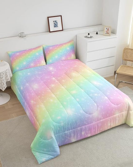 Erosebridal Rainbow Bedding Set for Kids Girls Teens Women Tie Dye Pastel Comforter Set Full Size Golden Stars Glitter Bedding Comforter Set Watercolor Art Girly Quilt Set Sweet Bedroom Decor 3 Piece - LeafyLoom