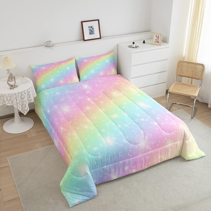 Erosebridal Rainbow Bedding Set for Kids Girls Teens Women Tie Dye Pastel Comforter Set Full Size Golden Stars Glitter Bedding Comforter Set Watercolor Art Girly Quilt Set Sweet Bedroom Decor 3 Piece - LeafyLoom