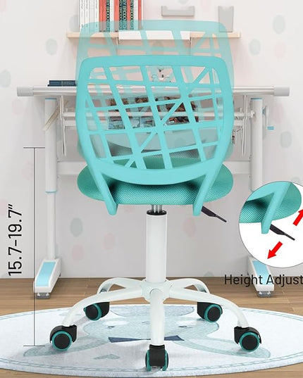FurnitureR Kids Desk Chair, Armless Office Chair Small Adjsutable Swivel Task Chair with Soft Cushion for Study Kids Teens Child, Turquoise - LeafyLoom