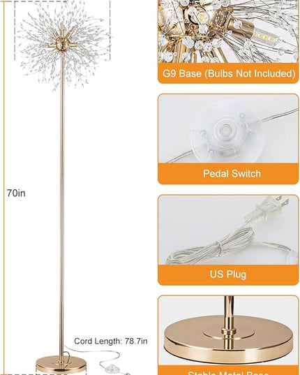Modern Crystal Floor Lamp (6-Light, 70-Inch, Gold), Standing Lamp with Footswitch, LED Floor Lamp for Living Room, Girls Room, Bedroom, Dresser, Office (Bulbs NOT Included) - LeafyLoom