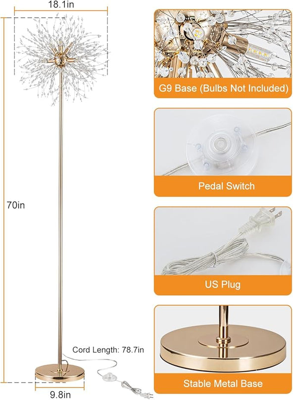 Modern Crystal Floor Lamp (6-Light, 70-Inch, Gold), Standing Lamp with Footswitch, LED Floor Lamp for Living Room, Girls Room, Bedroom, Dresser, Office (Bulbs NOT Included) - LeafyLoom