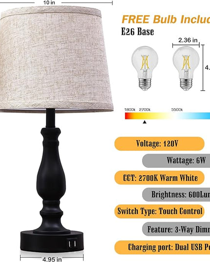 Table Lamps Set of 2, Bedside Nightstand Lamps with USB Charging Ports, 3 Way Dimmable Touch with Linen Fabric Lampshade, Modern Small Lamp for Bedrooms, Living Room (Bulbs Included) - LeafyLoom