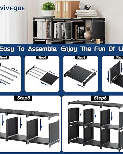 Mavivegue Book Shelf, 6 Cube Storage Organizer, DIY Bookcase, Metal Cube Bookshelf,Tall Book case for Bedroom, Living Room,Office,Closet Storage Organizer, Black Cubicle Storage Rack - LeafyLoom